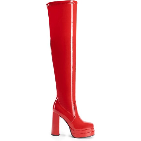 Women's Red-pat Polyurethane (PU) Square Toe Over The Knee Thigh High Boots - Picture 2 of 7